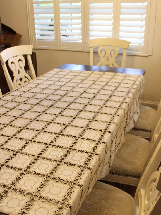 Antique Tablecloth Hand Embroidered granny Squares Linen Crochet Victorian Lace - Picture 4 of 9